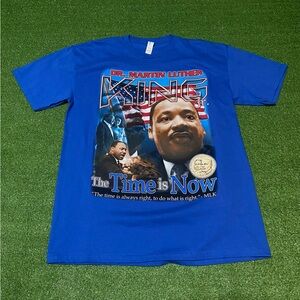Dr. Martin Luther King Jr. Malcom X Obama The Time is Now Blue T-Shirt Large